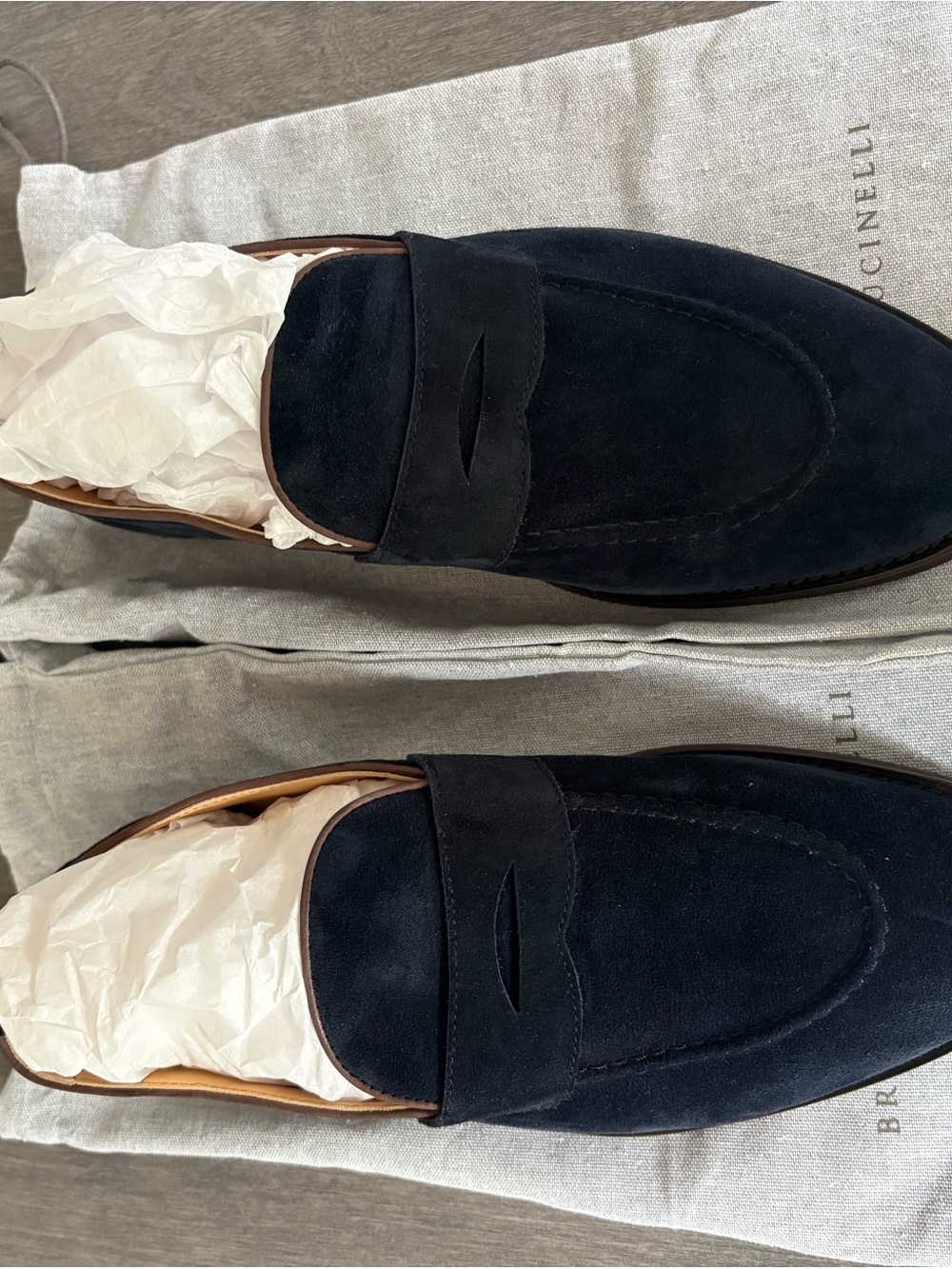 Brunello Cucinelli Navy Suede Penny Loafers